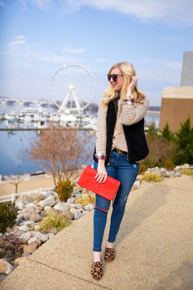 Layered Outfit: Sherpa Vest, Plaid & Cable Knit by Washington DC style blogger Styled Blonde